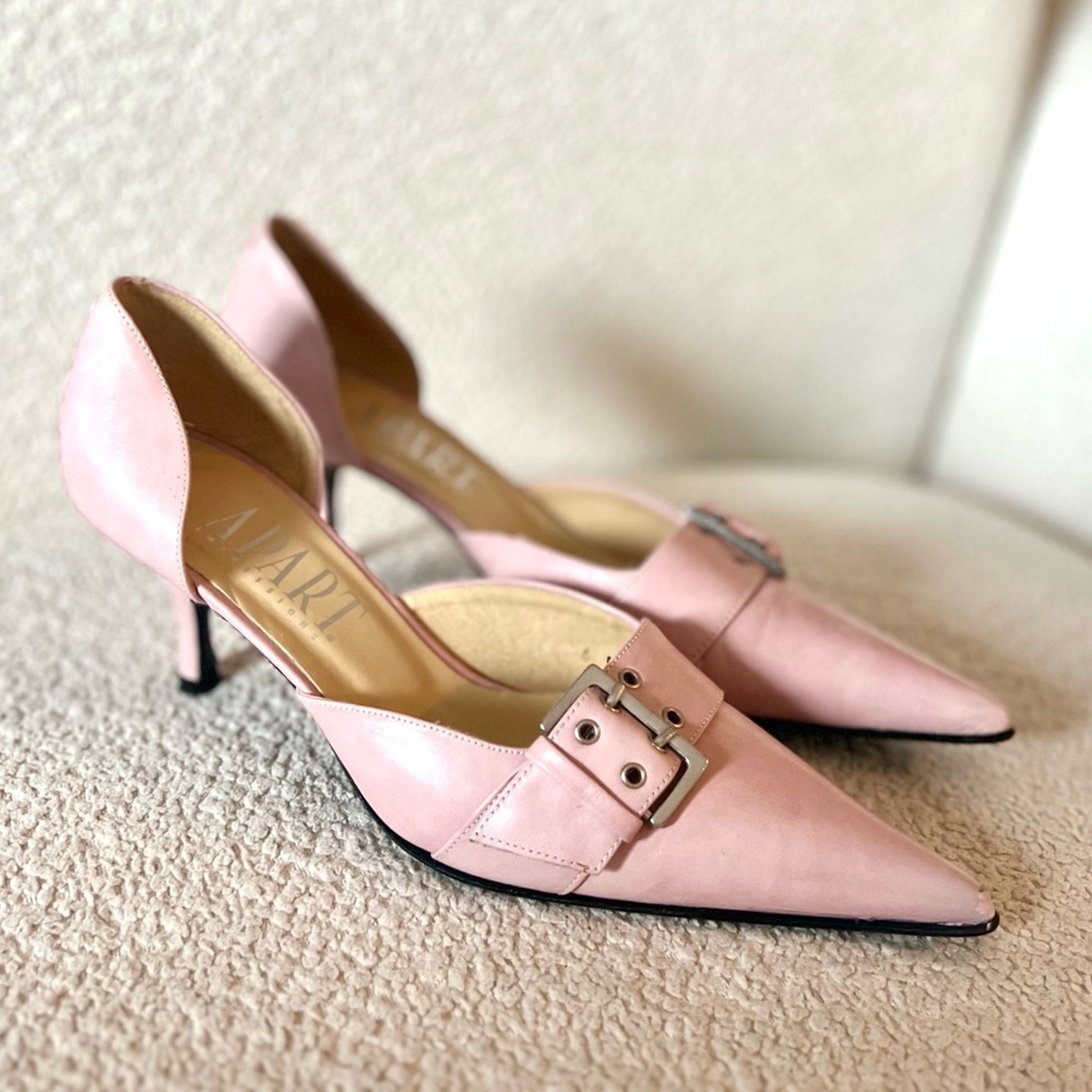 Vintage Baby Pink Leather D’Orsay Pointed-Toe Kitten Heels Pumps w/ Larg…